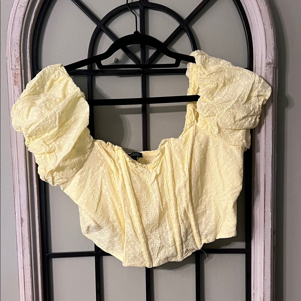 Yellow Eyelet Puff Sleeve Crop Top